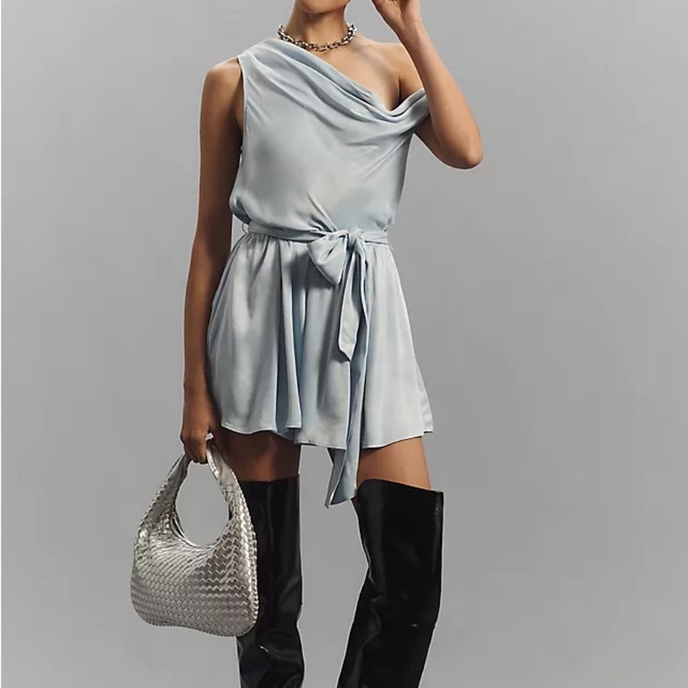 Anthropologie Maeve One Shoulder Satin Belted Romper